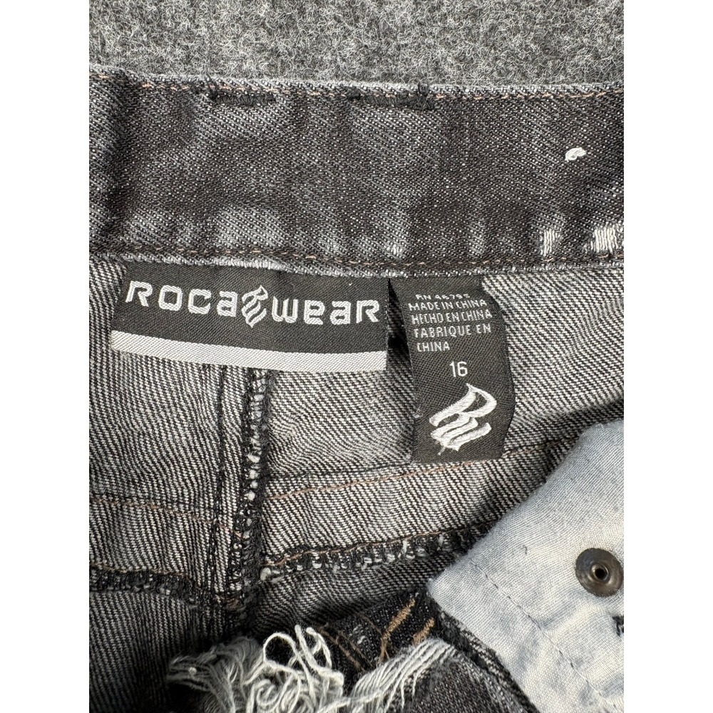 Rocawear Womens Baggy Wide Leg Jeans Size 16 Black Distressed Y2K Embroidered - Picture 5 of 13